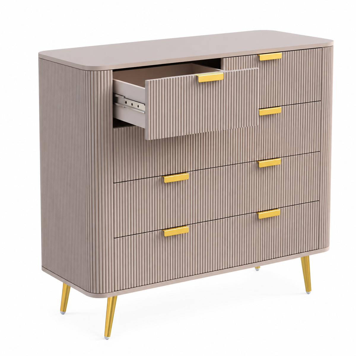 Modern 4 Drawer Dresser with Fluted Design & Gold Legs Furnitell