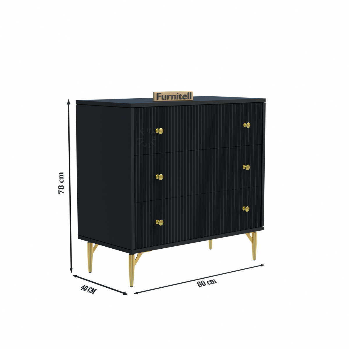 Furnitell Noir Elegance 3-Drawer Chest – Matte Black Furnitell