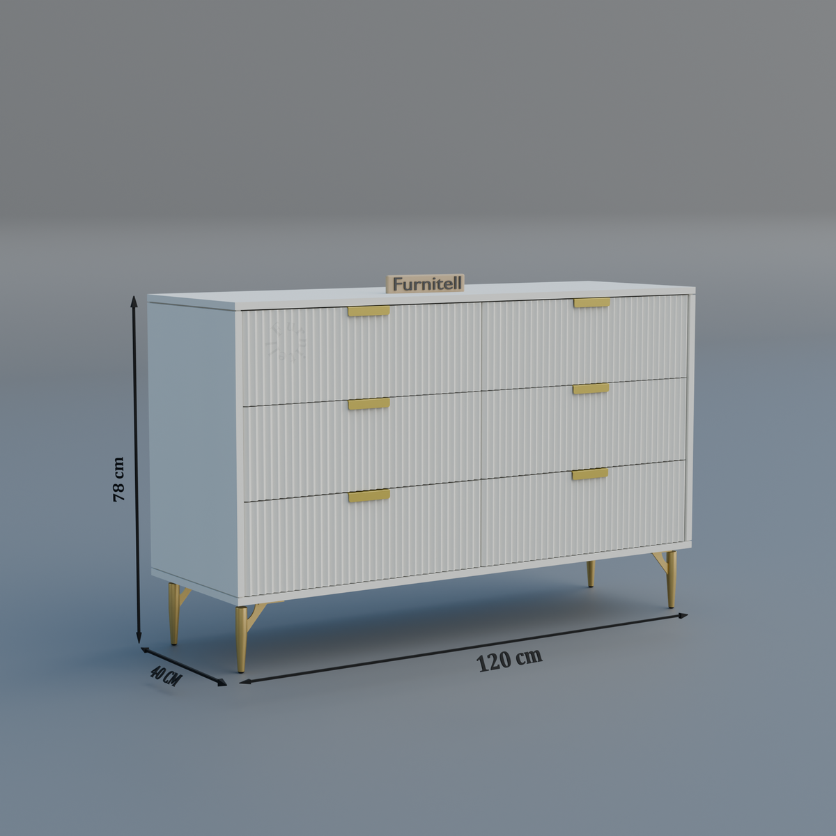 Fluted 6-Drawer Dresser – Crisp White & Gold Furnitell