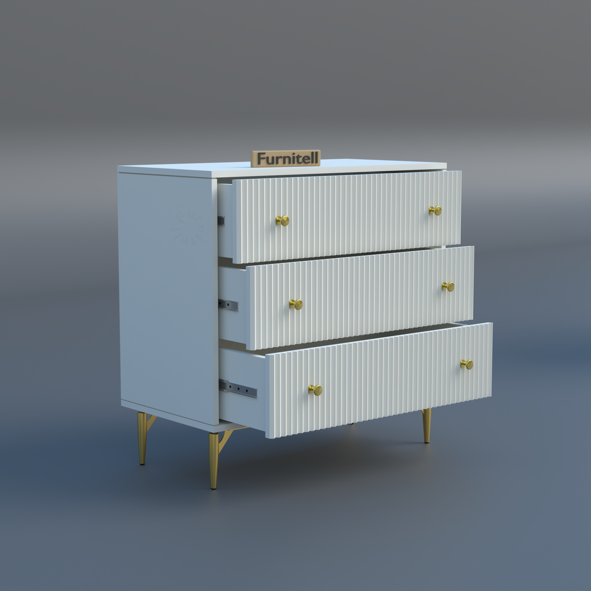 Furnitell Clara 3-Drawer Fluted Dresser – White & Gold Furnitell