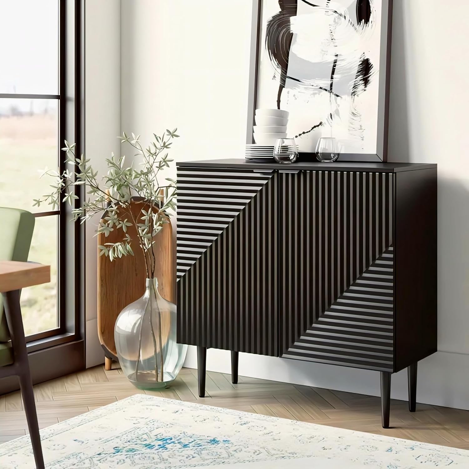 Black Geometric Fluted Sideboard Cabinet | Modern Storage furnitell
