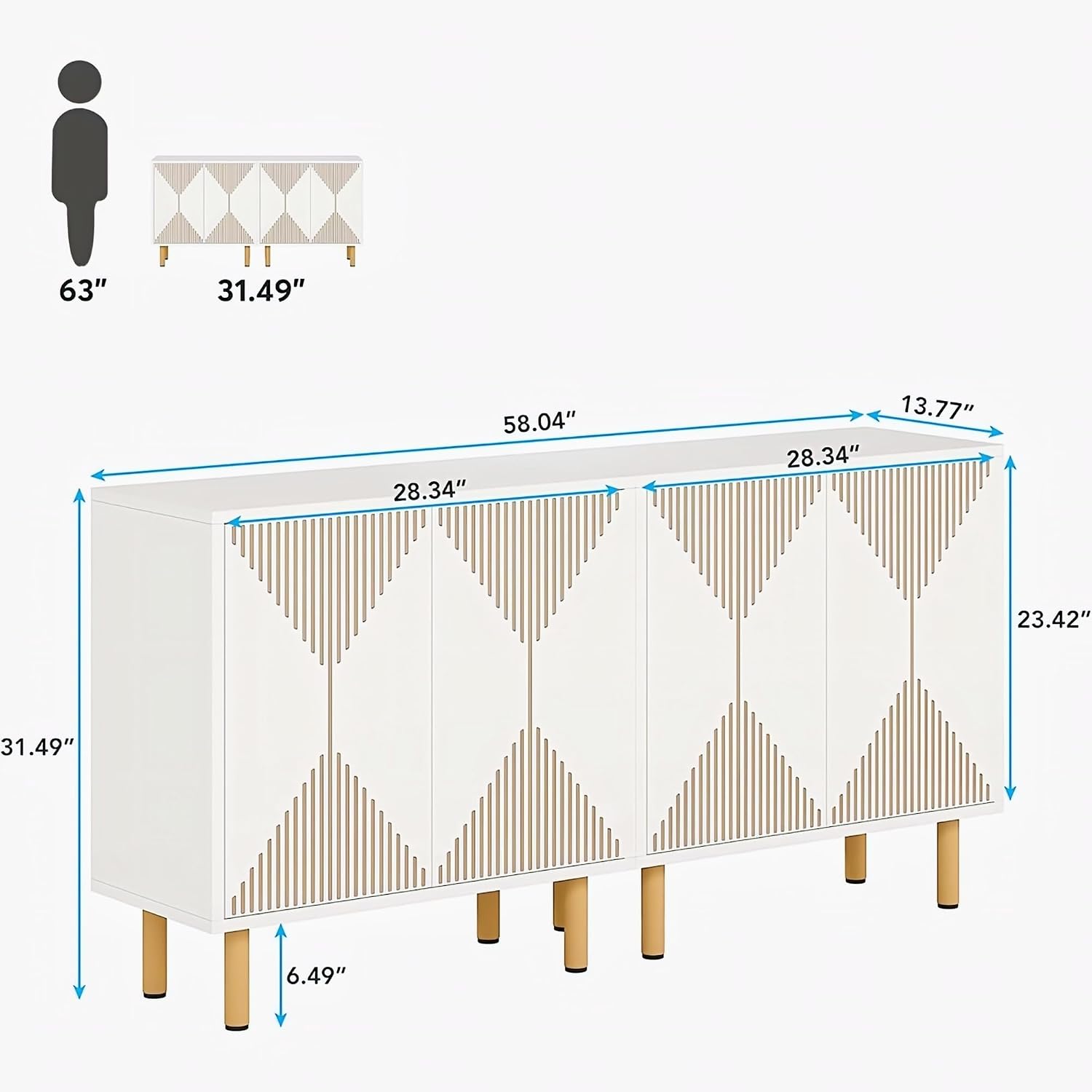 White Geometric Slatted Sideboard Cabinet | Modern Storage Furnitell