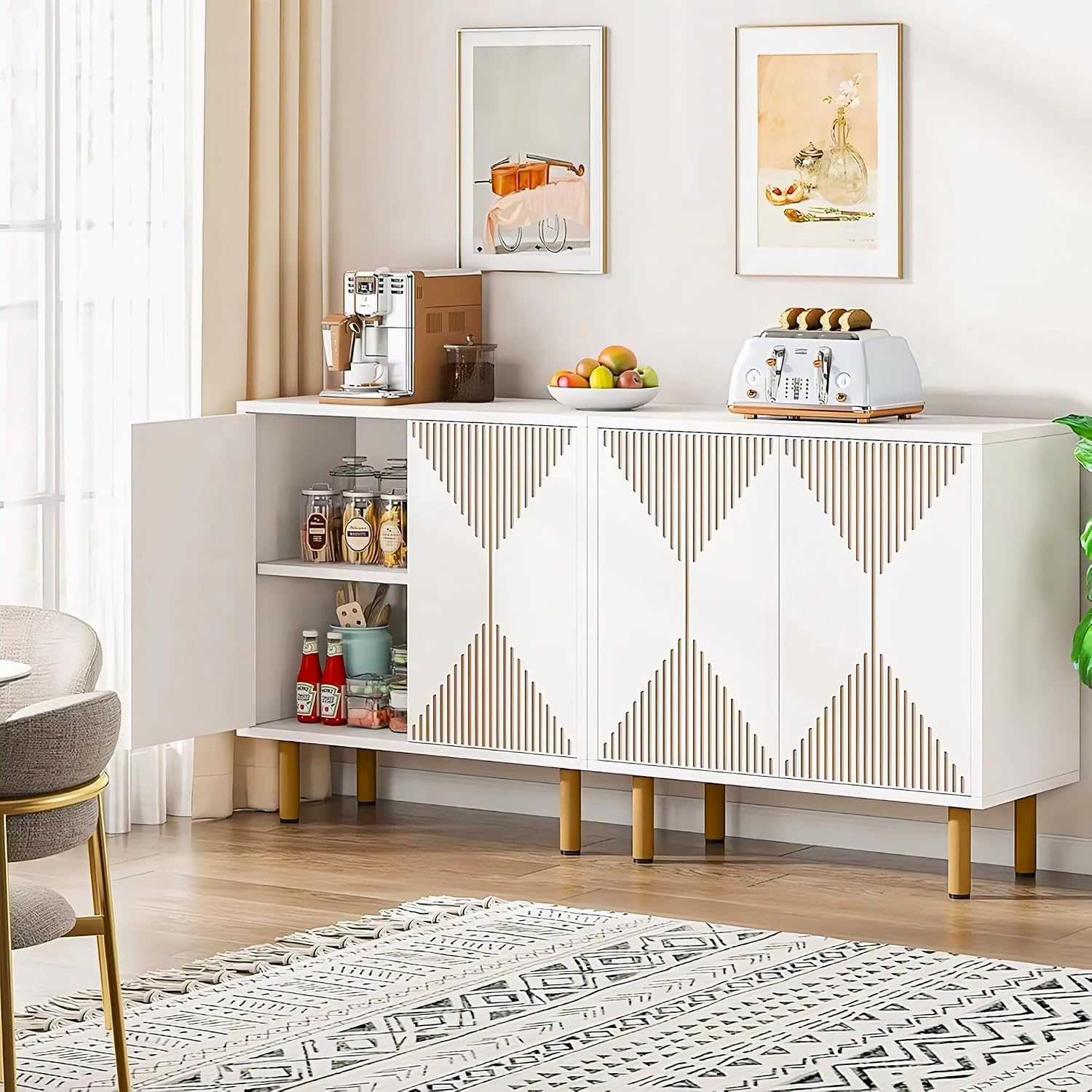 White Geometric Slatted Sideboard Cabinet | Modern Storage Furnitell