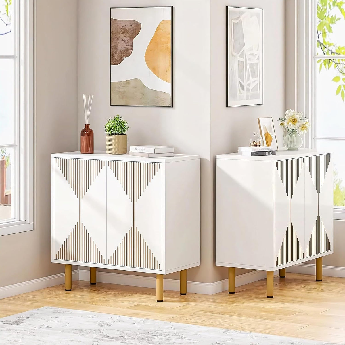 White Geometric Slatted Sideboard Cabinet | Modern Storage Furnitell