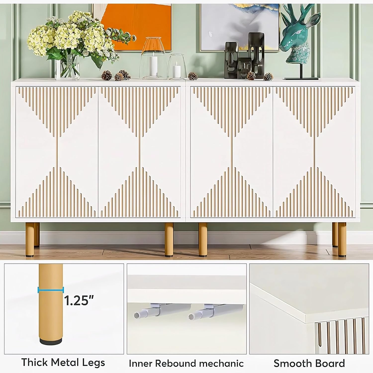 White Geometric Slatted Sideboard Cabinet | Modern Storage Furnitell