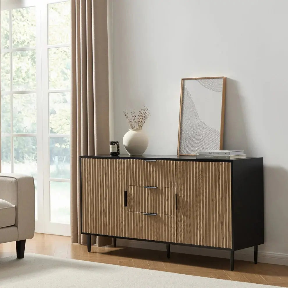 Furnitell Sideboard with Drawers- Black/Wood Effect furnitell