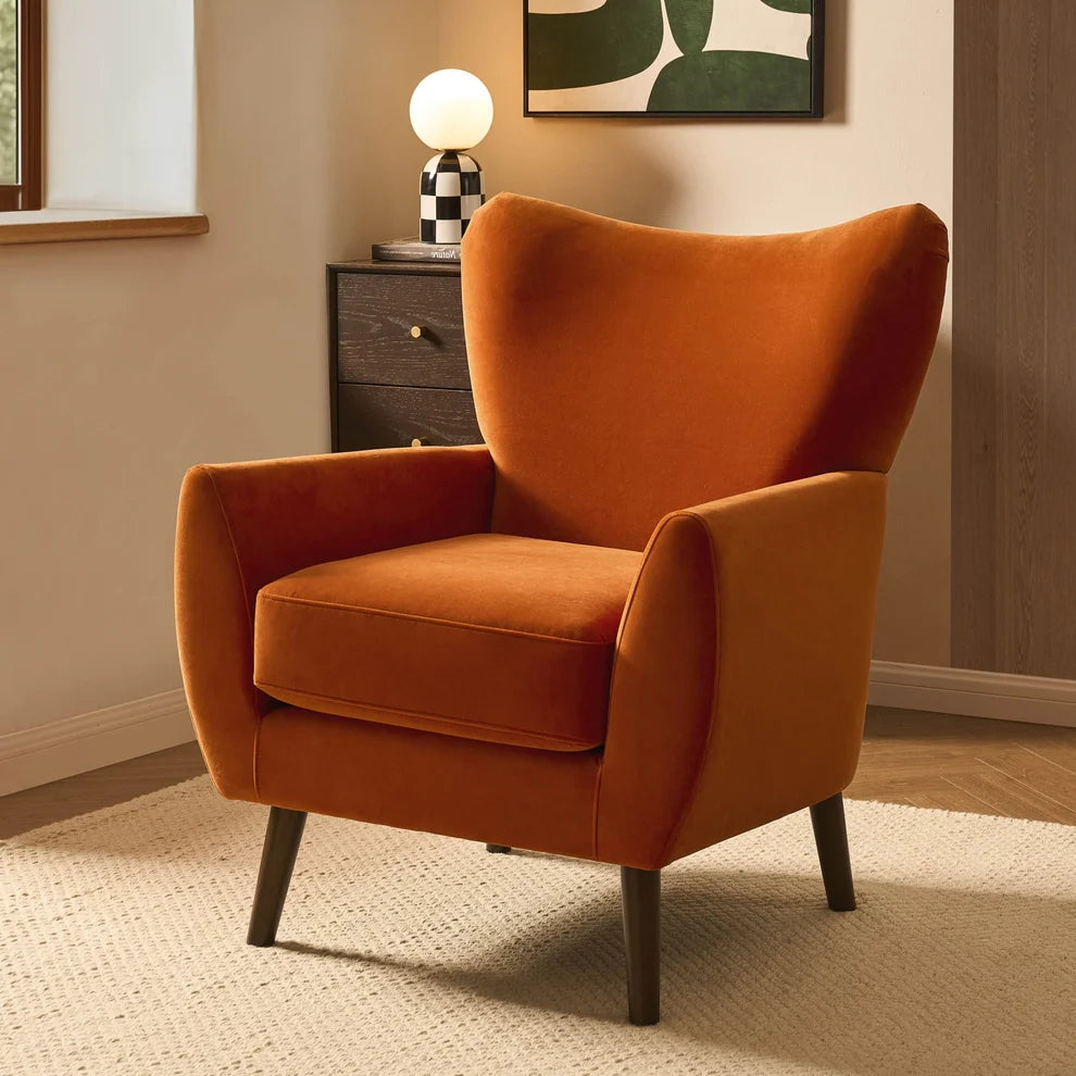 Bright Orange Accent Chair with Velvet Upholstery & Padded Arms Furnitell