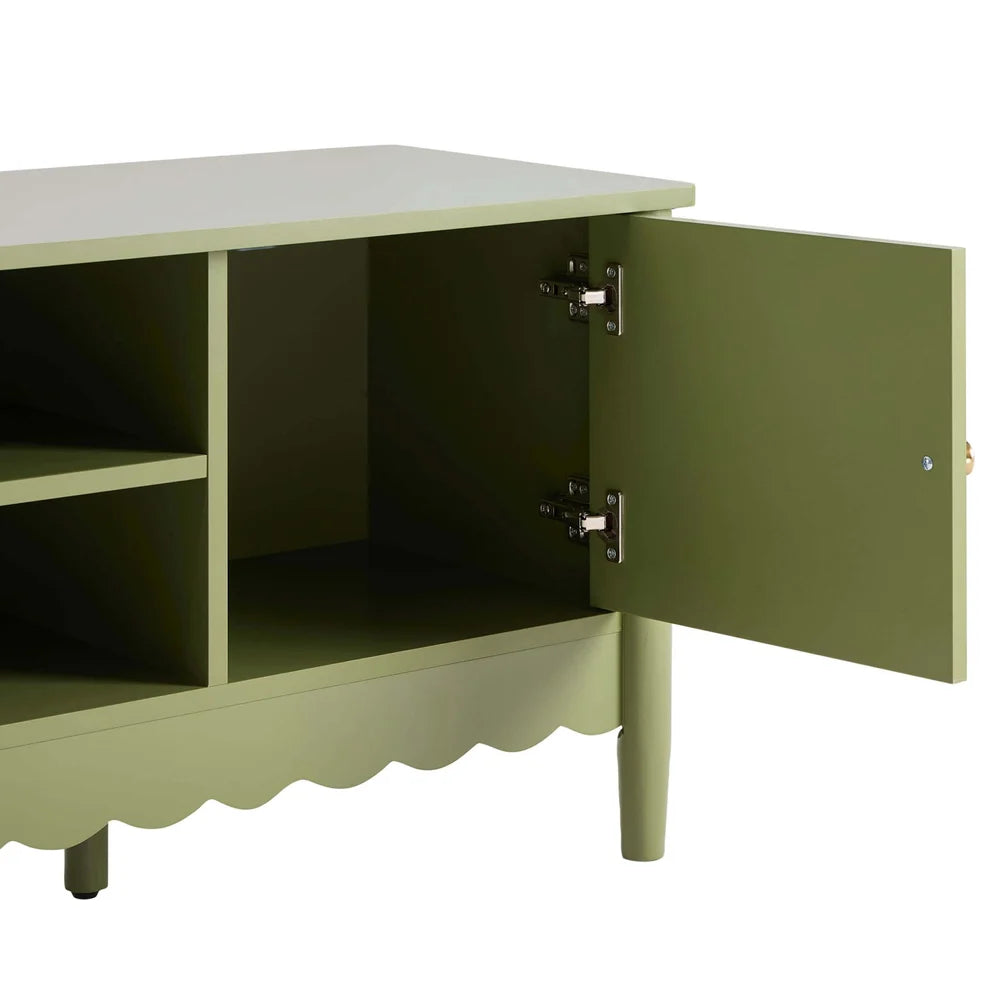Olive Green Wooden TV Unit with 2 Doors, Open Shelves & Scalloped Base Furnitell