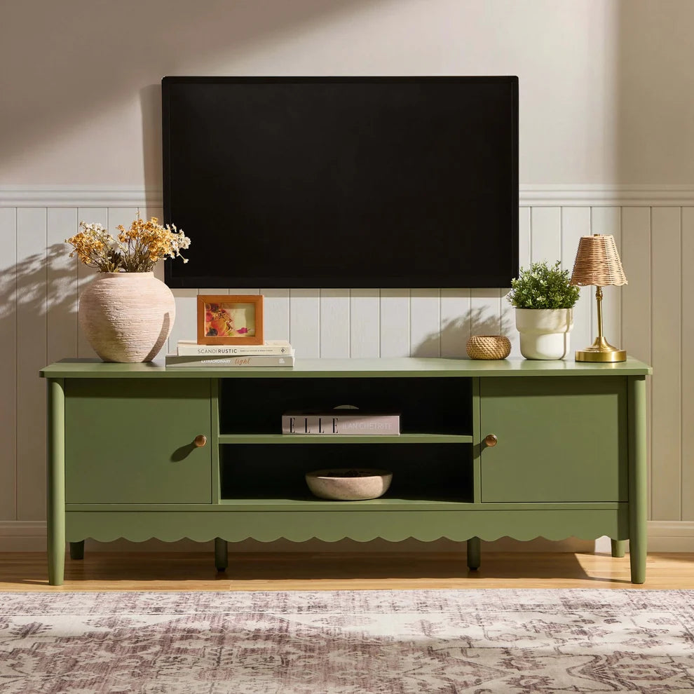 Olive Green Wooden TV Unit with 2 Doors, Open Shelves & Scalloped Base Furnitell