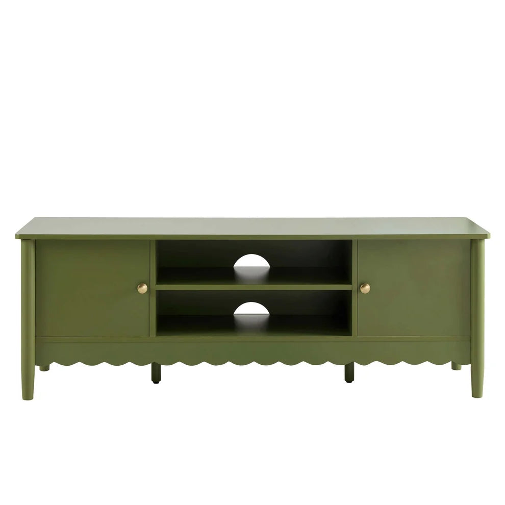 Olive Green Wooden TV Unit with 2 Doors, Open Shelves & Scalloped Base Furnitell