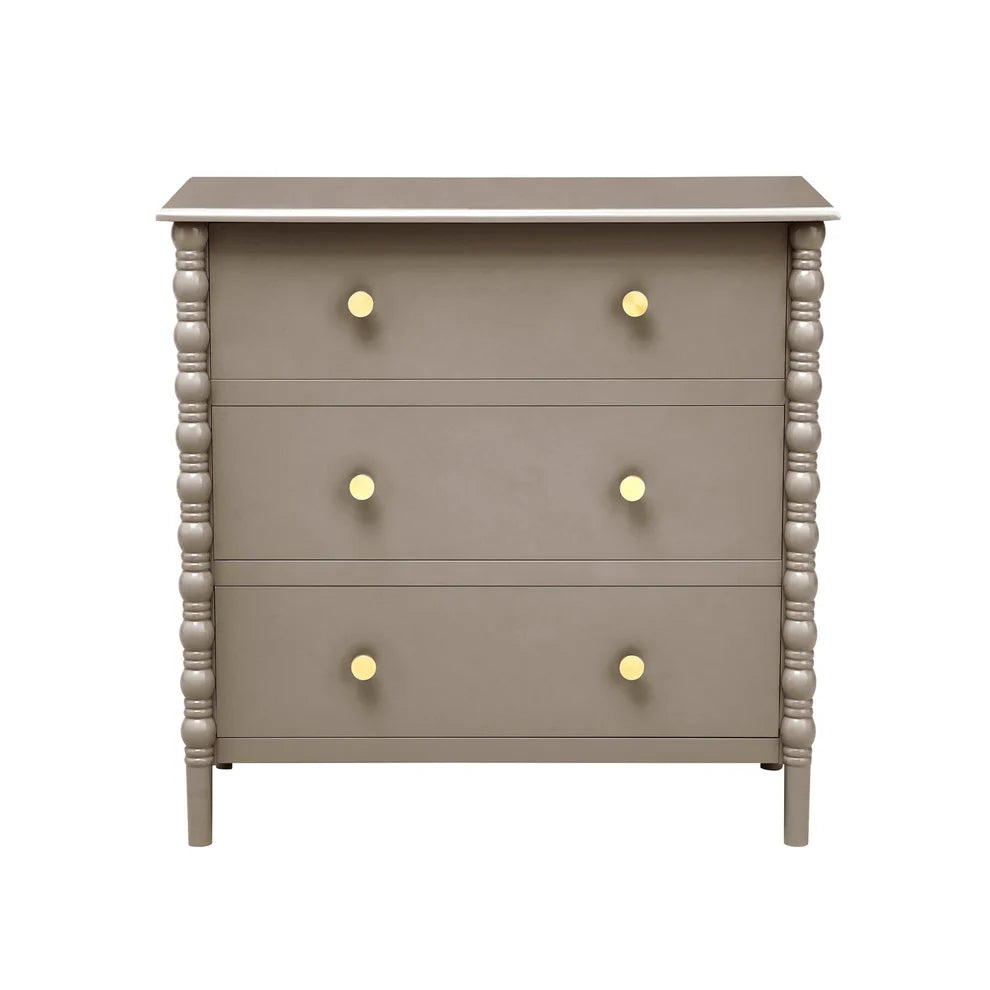 Taupe 3 Drawer Chest with Decorative Beaded Sides & Gold Knobs Furnitell