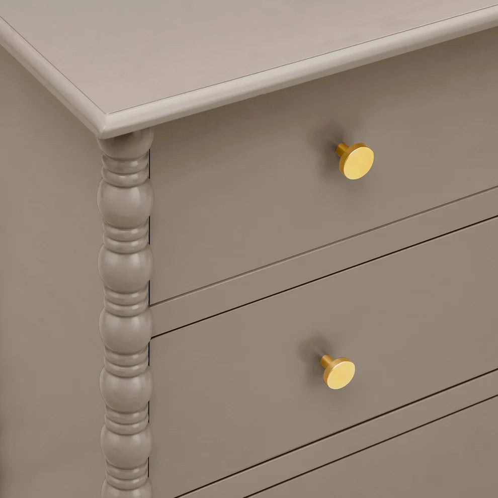 Taupe 3 Drawer Chest with Decorative Beaded Sides & Gold Knobs Furnitell