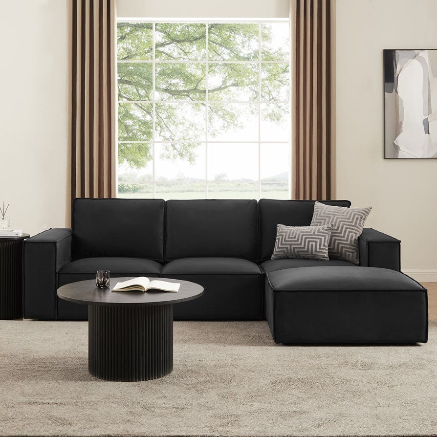 Black 3 Seater Sofa with Plush Cushions & Wide Armrests Furnitell