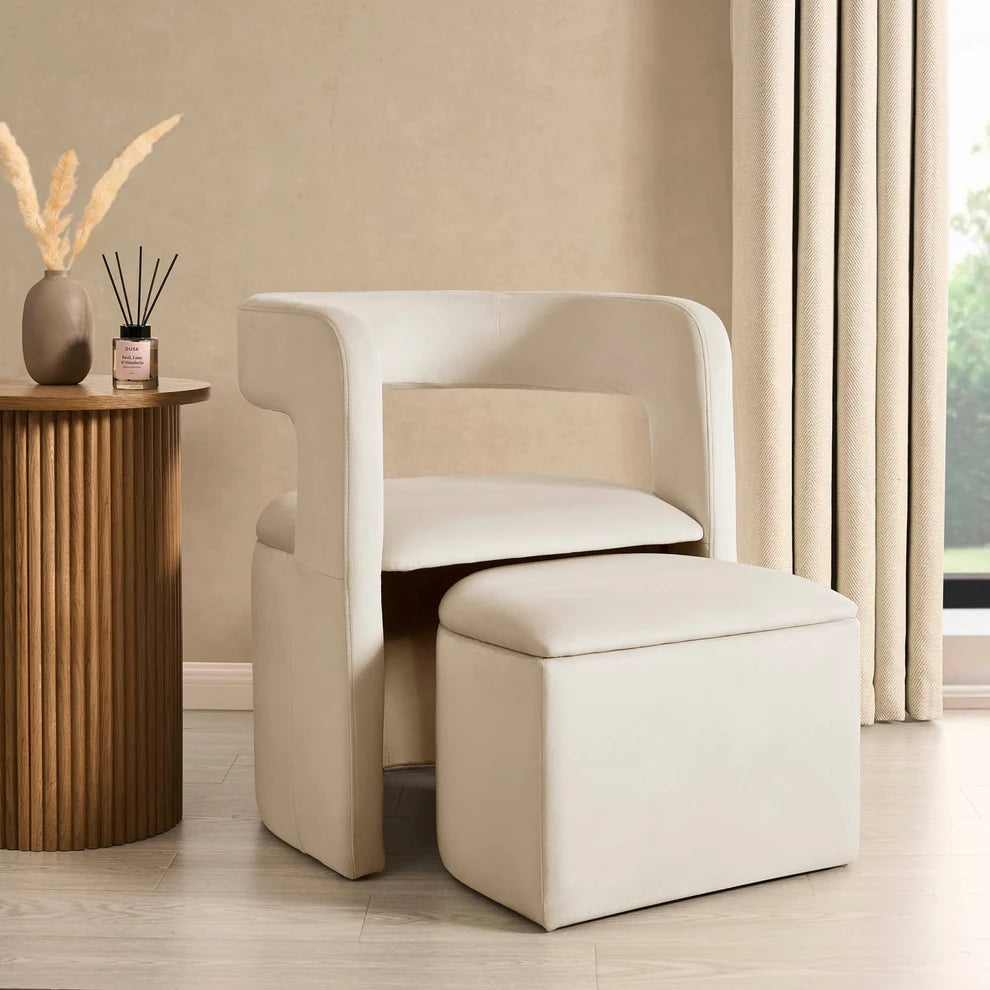 Ecru Accent Chair with Curved Back & Matching Ottoman furnitell