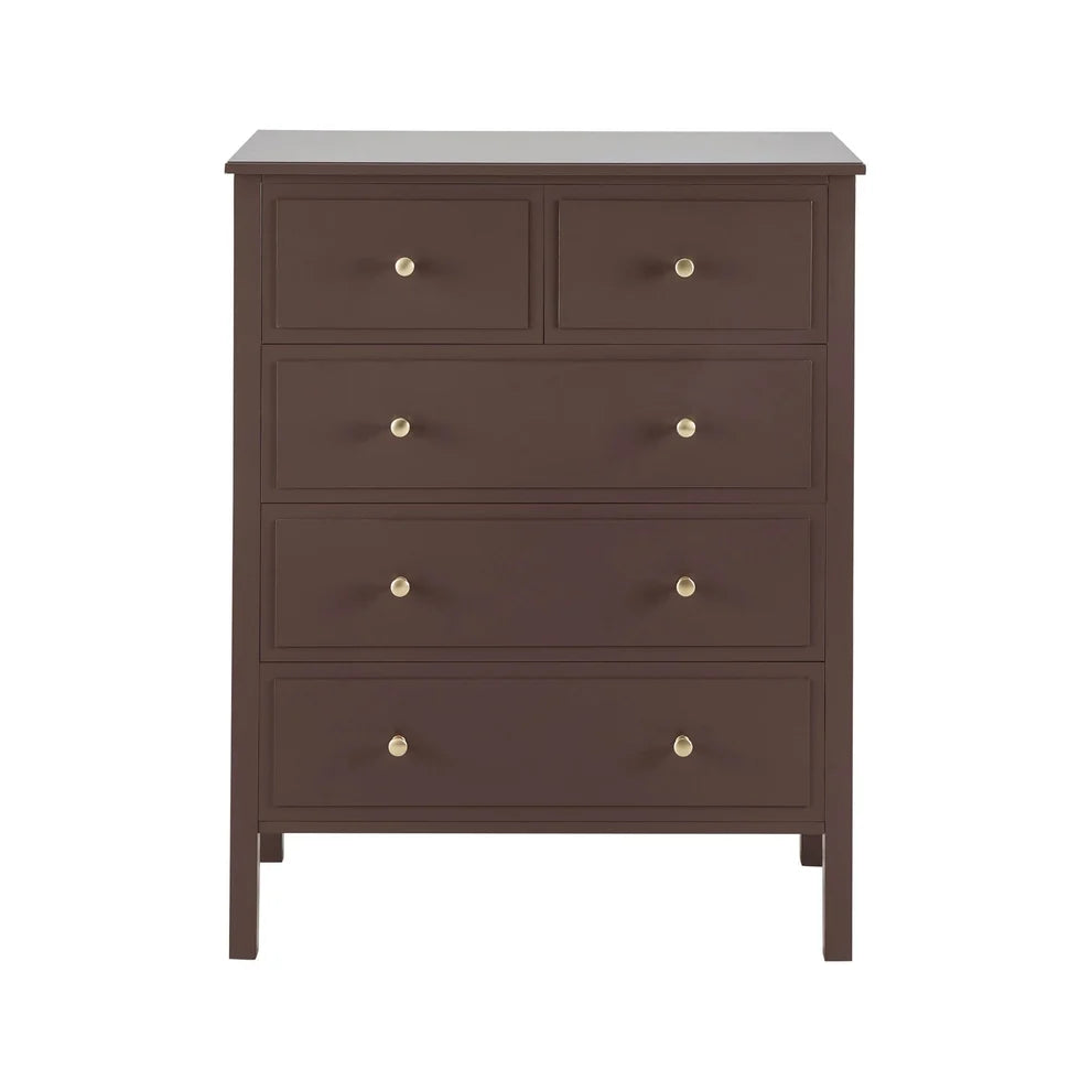 Mocha 5 Drawer Chest with Gold Knobs & Raised Legs Furnitell