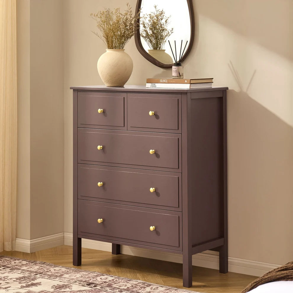 Mocha 5 Drawer Chest with Gold Knobs & Raised Legs Furnitell