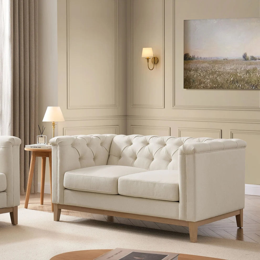 Cream 2 Seater Sofa with Tufted Back & Wooden Frame Furnitell