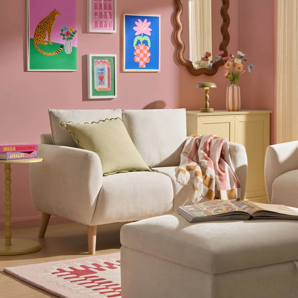 Ivory 2 Seater Sofa with Plush Cushions & Wooden Legs furnitell