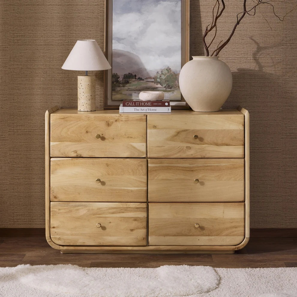 Light Wood 6 Drawer Chest with Natural Wood Grain & Rounded Edges Furnitell