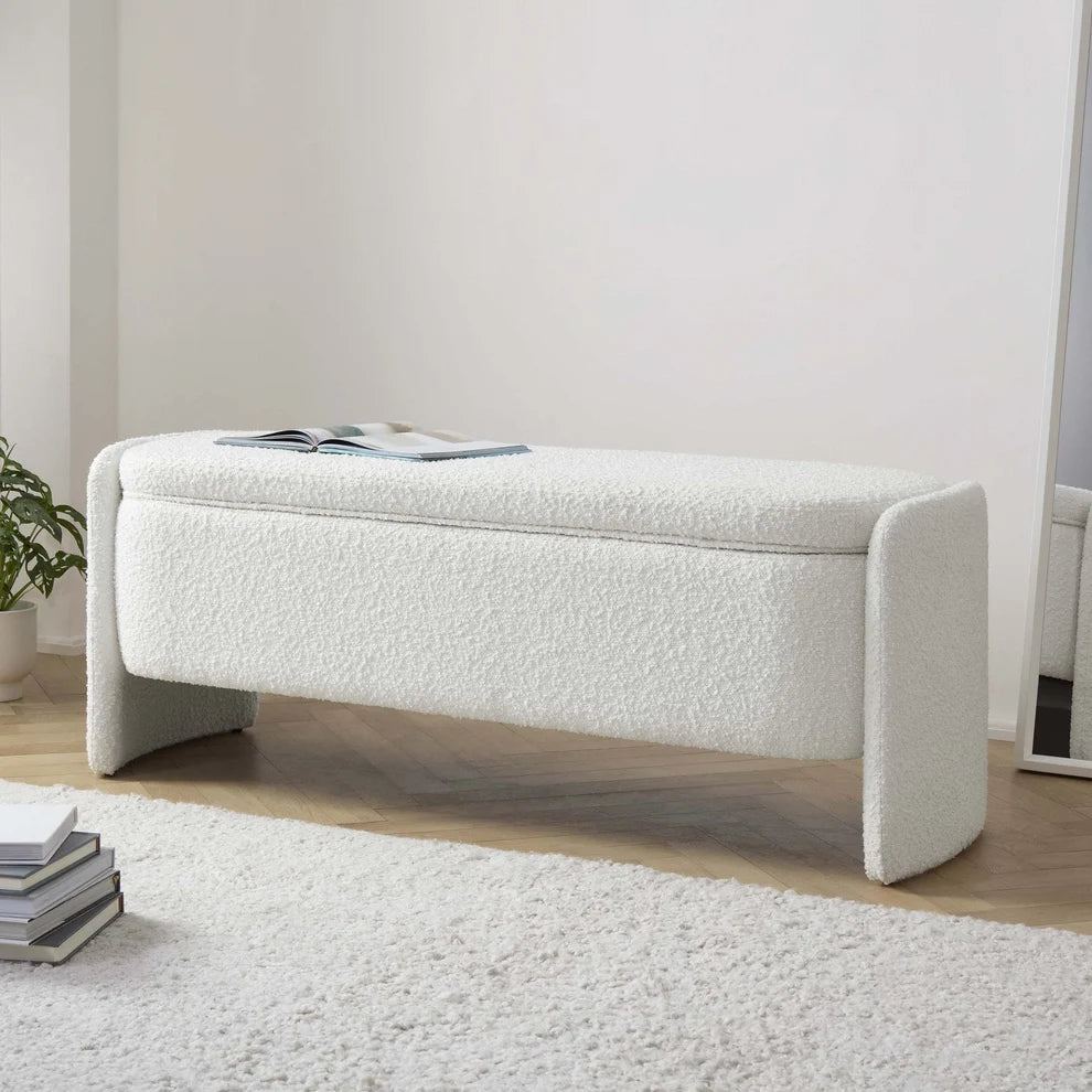 Off-White Boucle Upholstered Curved Bench Furnitell