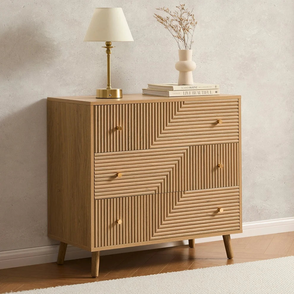 Light Wood 3 Drawer Chest with Fluted & Geometric Front Furnitell
