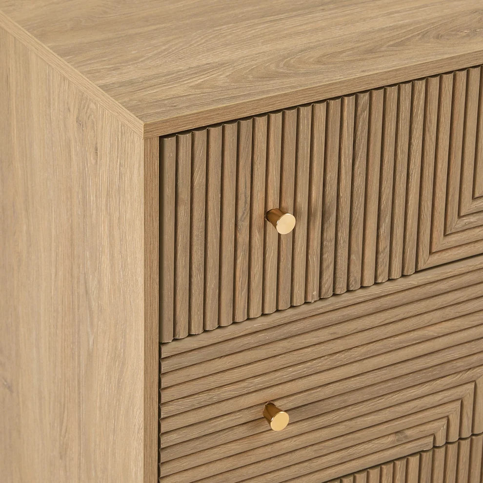 Light Wood 3 Drawer Chest with Fluted & Geometric Front Furnitell