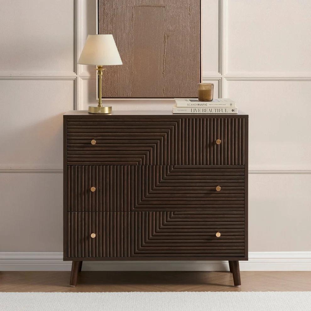 Walnut 5 Drawer Chest with Fluted & Geometric Front Furnitell