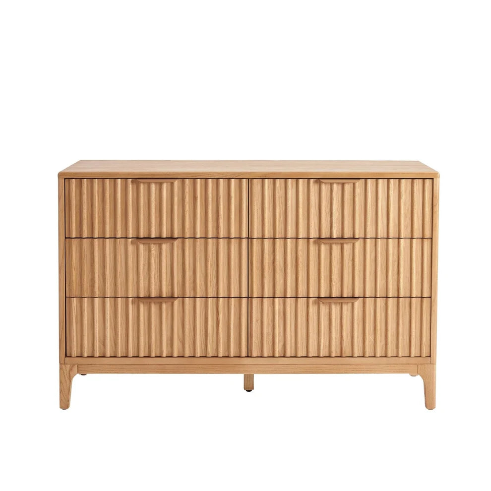 Light Wood 6 Drawer Chest with Fluted Front & Wooden Legs furnitell