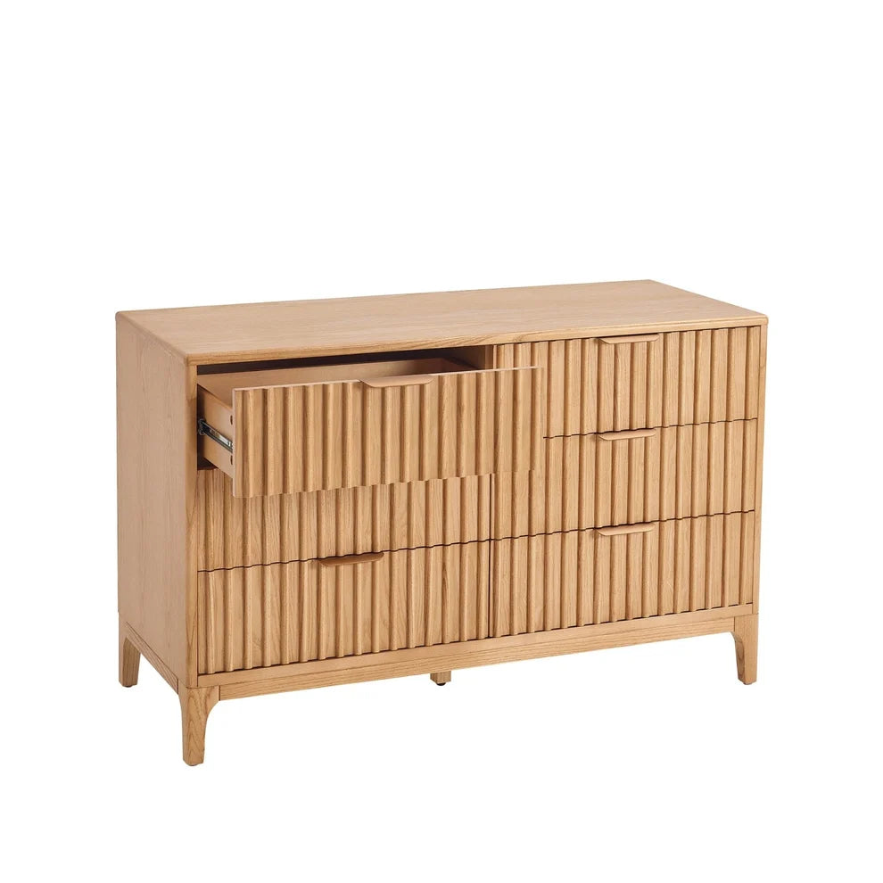 Light Wood 6 Drawer Chest with Fluted Front & Wooden Legs furnitell
