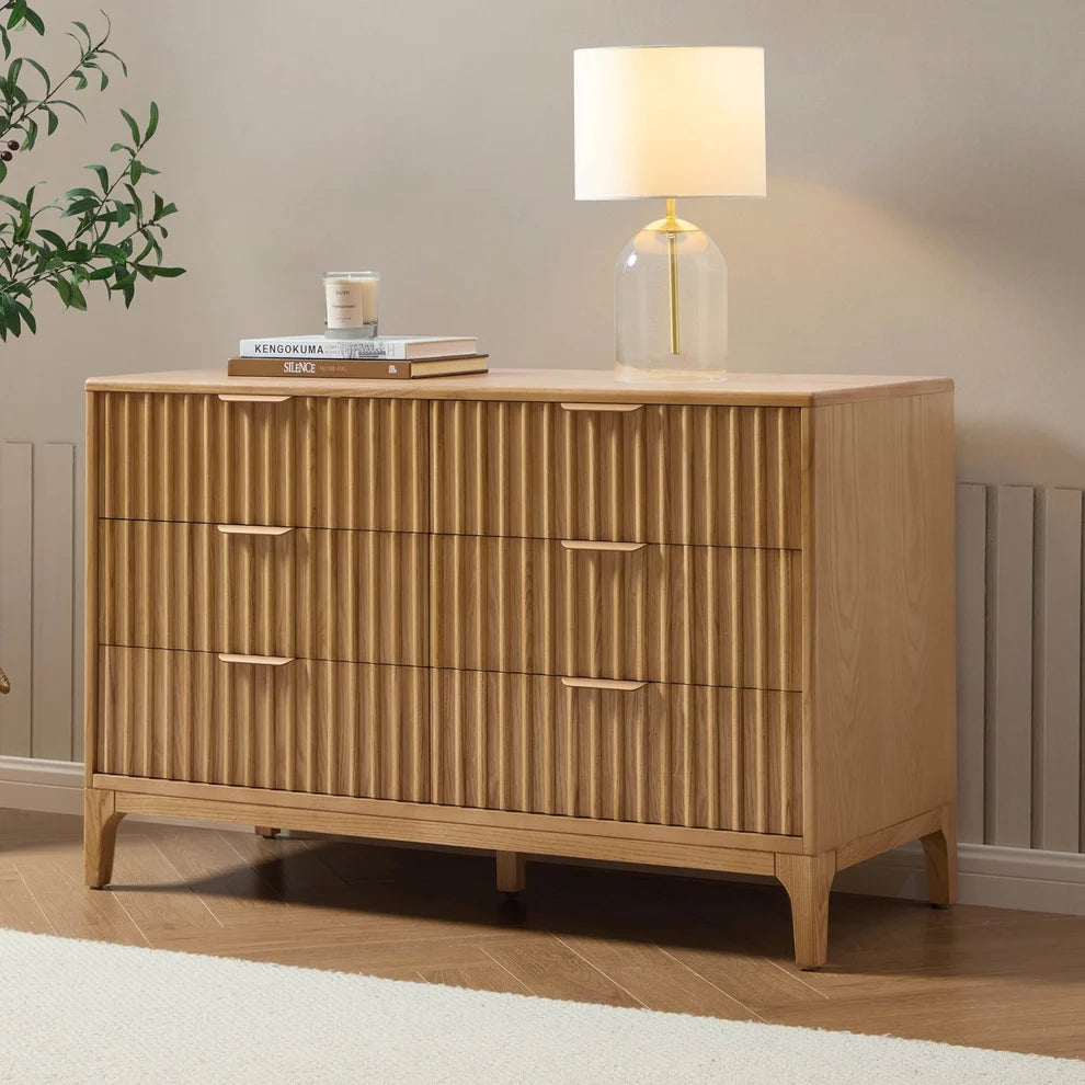 Light Wood 6 Drawer Chest with Fluted Front & Wooden Legs furnitell