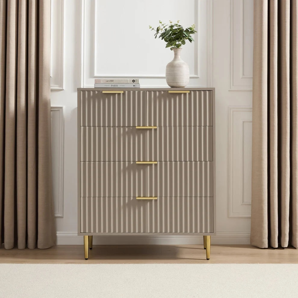 Taupe Fluted 5 Drawer Chest with Gold Handles & Legs Furnitell