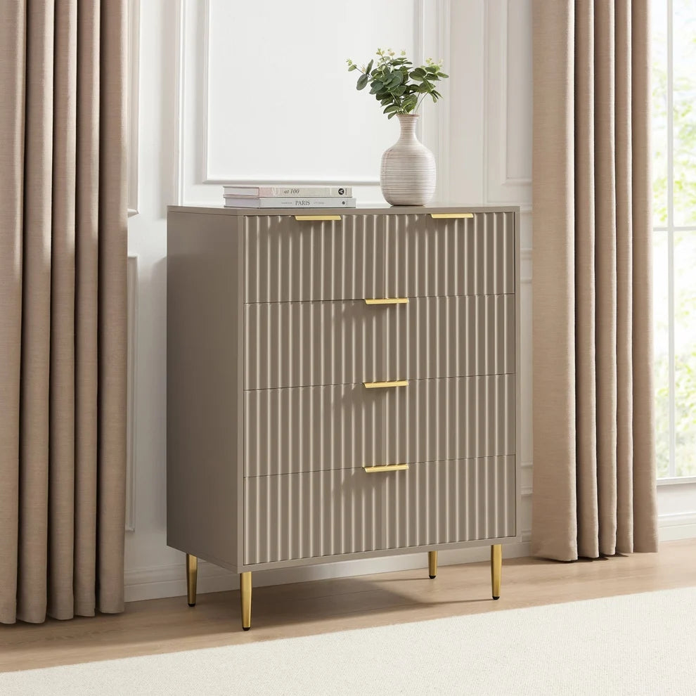Taupe Fluted 5 Drawer Chest with Gold Handles & Legs Furnitell
