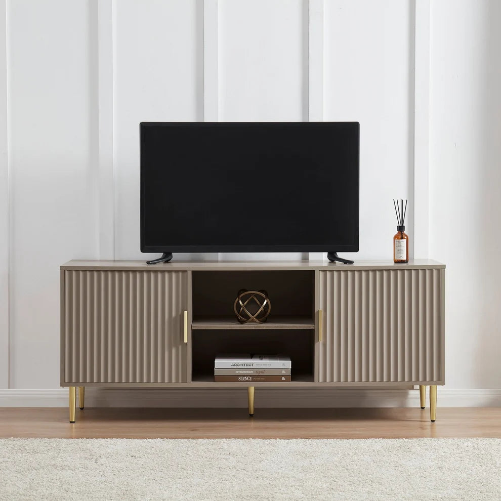 Taupe Wooden TV Unit with 2 Fluted Doors & Open Shelves furnitell