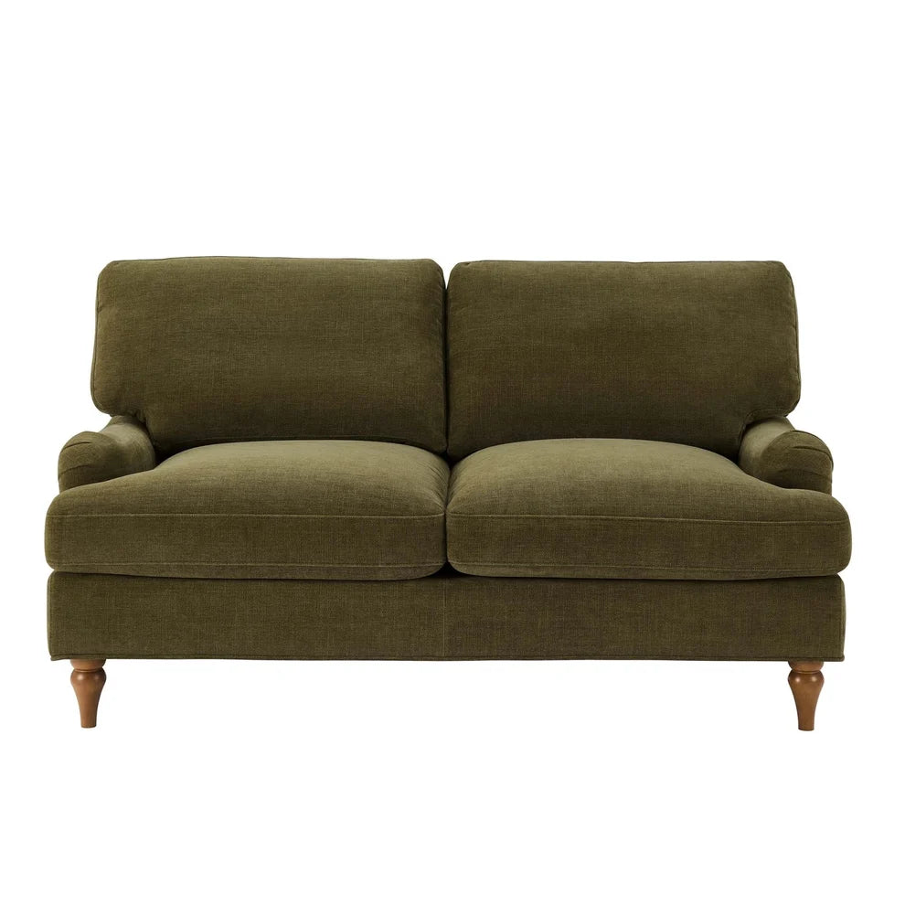 Olive Green 2 Seater Sofa with Chenille Upholstery & Wooden Legs furnitell