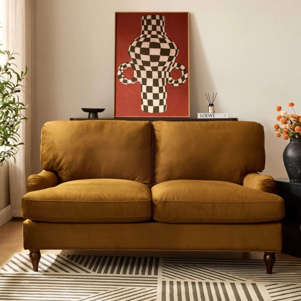 Mustard 2 Seater Sofa with Plush Cushions & Wooden Legs Furnitell