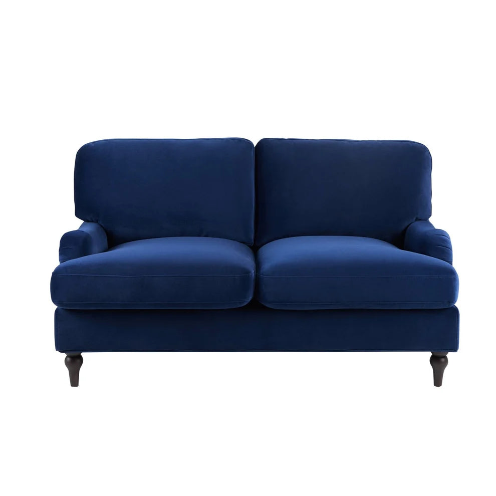 Royal Blue 2 Seater Sofa with Plush Cushions & Wooden Legs furnitell