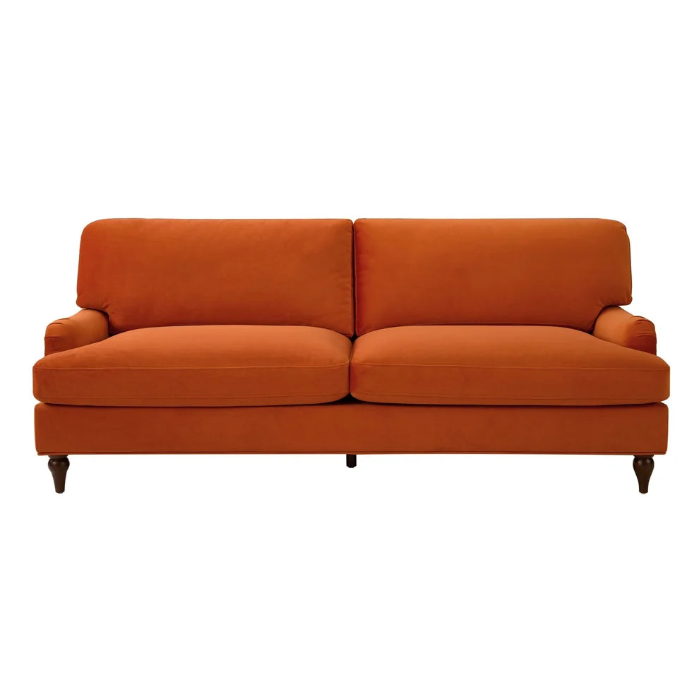 Bright Orange 3 Seater Sofa with Plush Cushions & Wooden Legs Furnitell