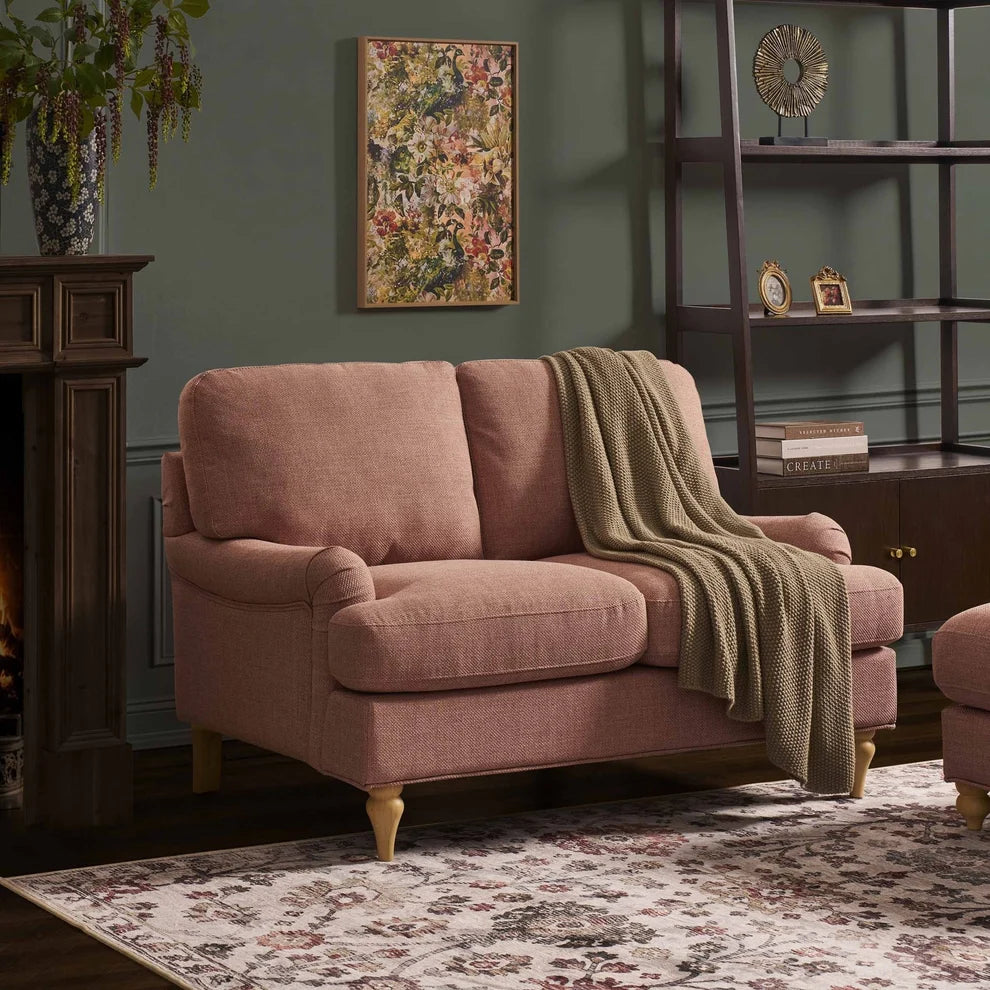 Rose Pink 2 Seater Sofa with Plush Cushions & Wooden Legs Furnitell