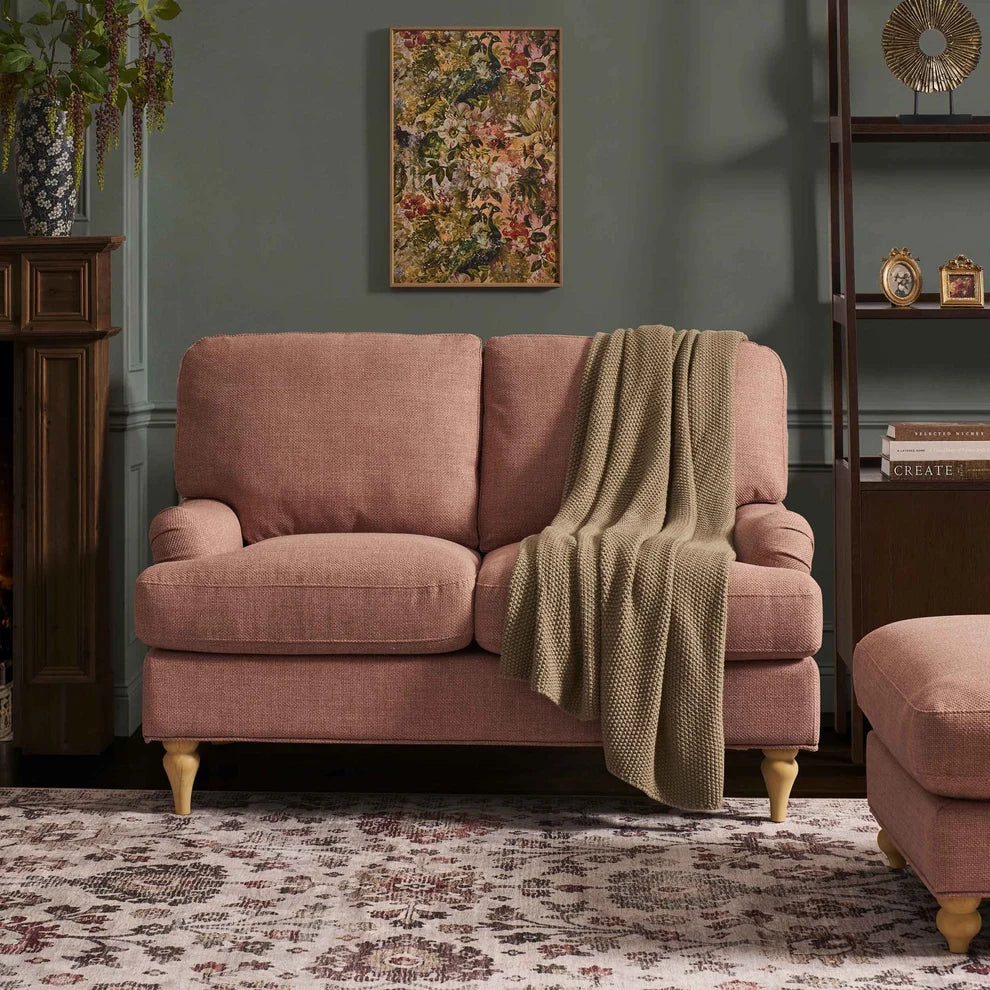 Rose Pink 2 Seater Sofa with Plush Cushions & Wooden Legs Furnitell