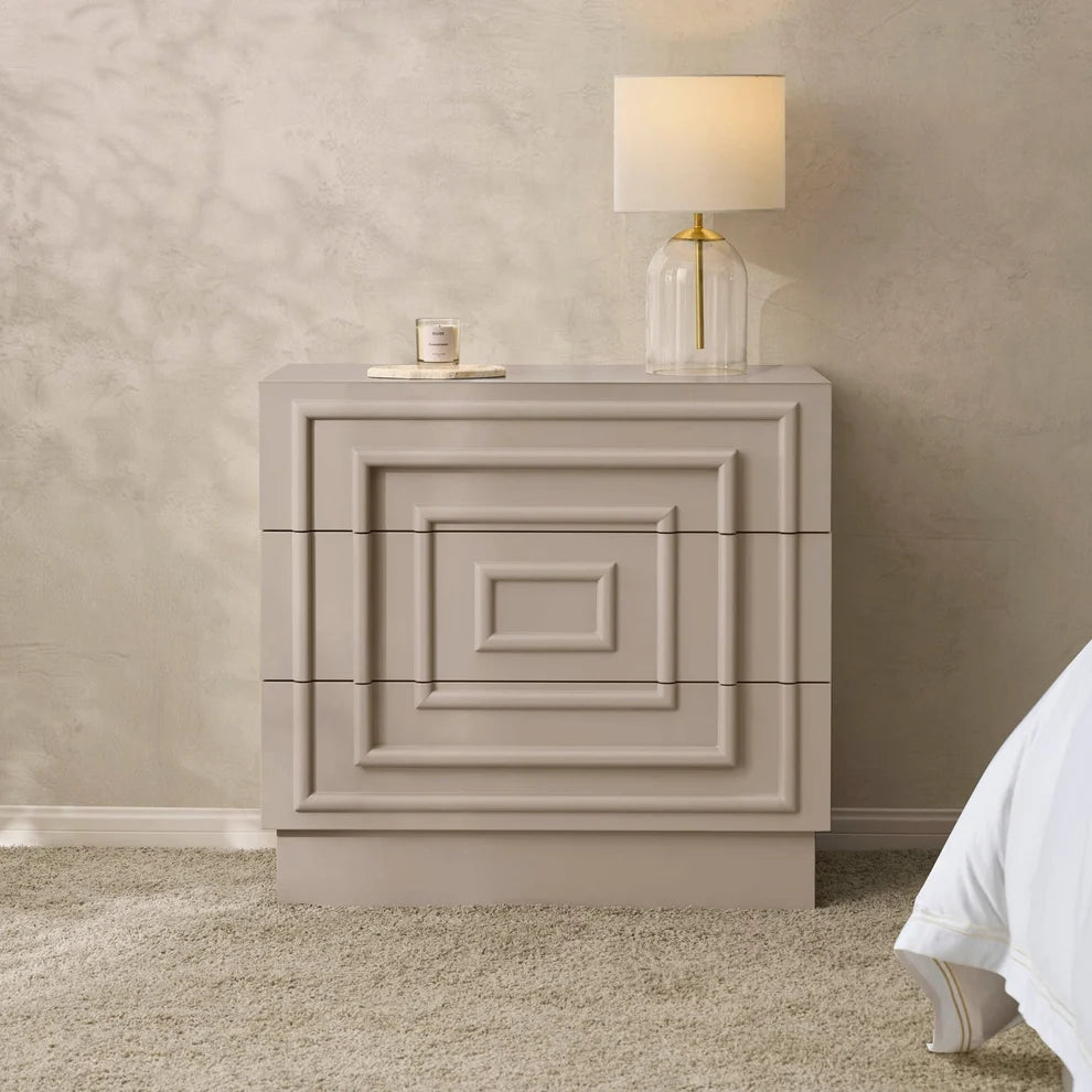 Taupe 3 Drawer Chest with Raised Panel Front Design furnitell
