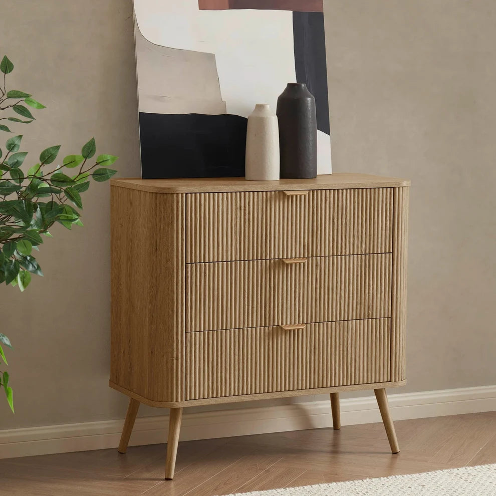 Light Wood Fluted 3 Drawer Chest Furnitell