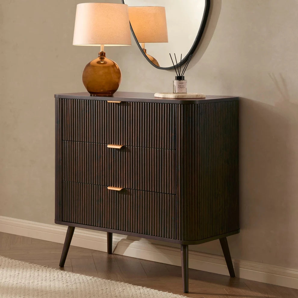 Walnut 3 Drawer Chest with Fluted Front & Gold Handles Furnitell