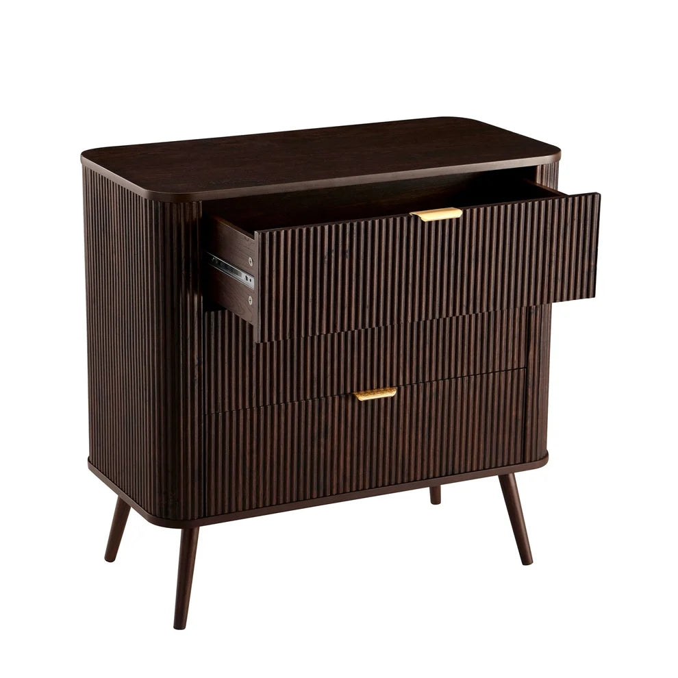Walnut 3 Drawer Chest with Fluted Front & Gold Handles Furnitell