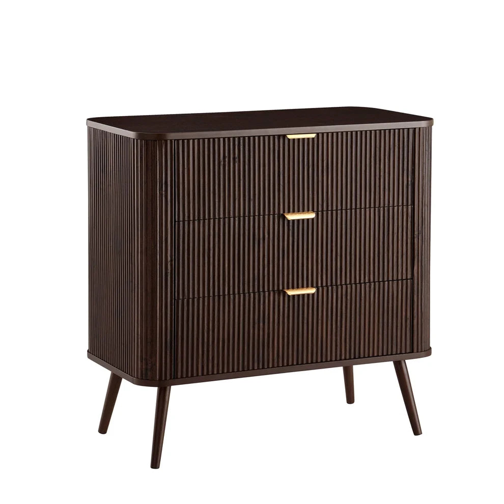 Walnut 3 Drawer Chest with Fluted Front & Gold Handles Furnitell