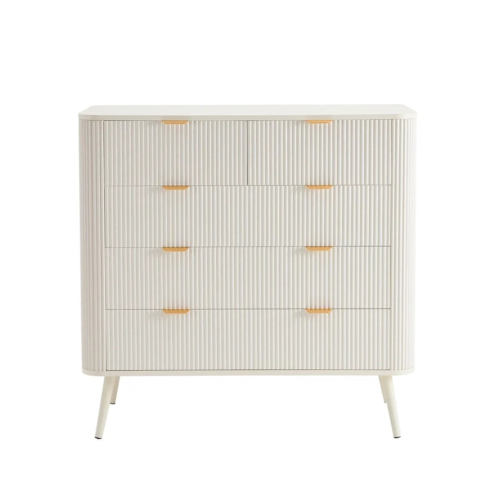 Warm White 5 Drawer Chest with Fluted Front & Angled Legs furnitell