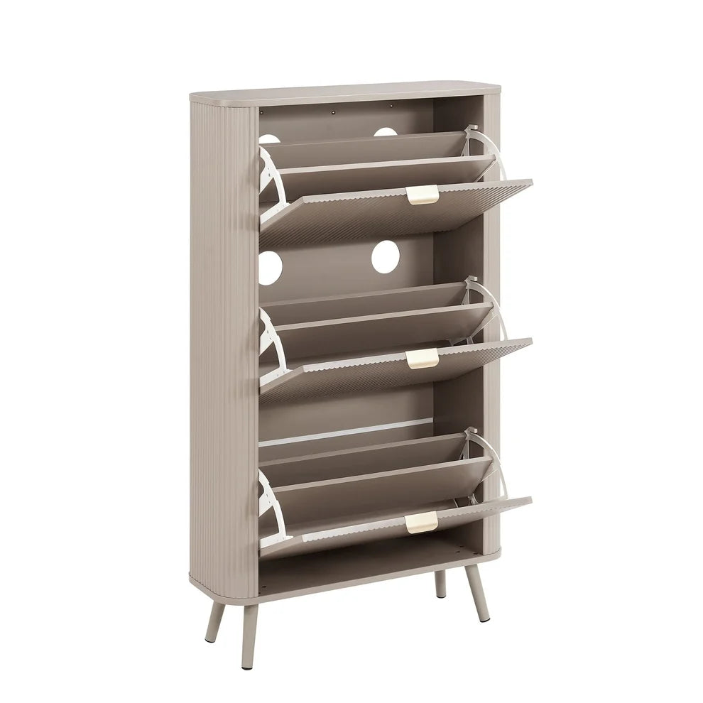Taupe Fluted Shoe Cabinet with 3 Doors & Raised Legs Furnitell
