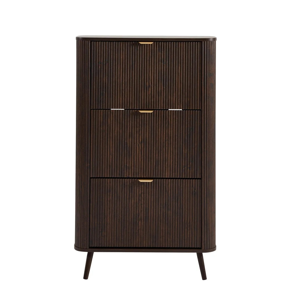 Walnut Wooden Shoe Cabinet with 3 Flip Drawers & Vertical Slatted Design Furnitell