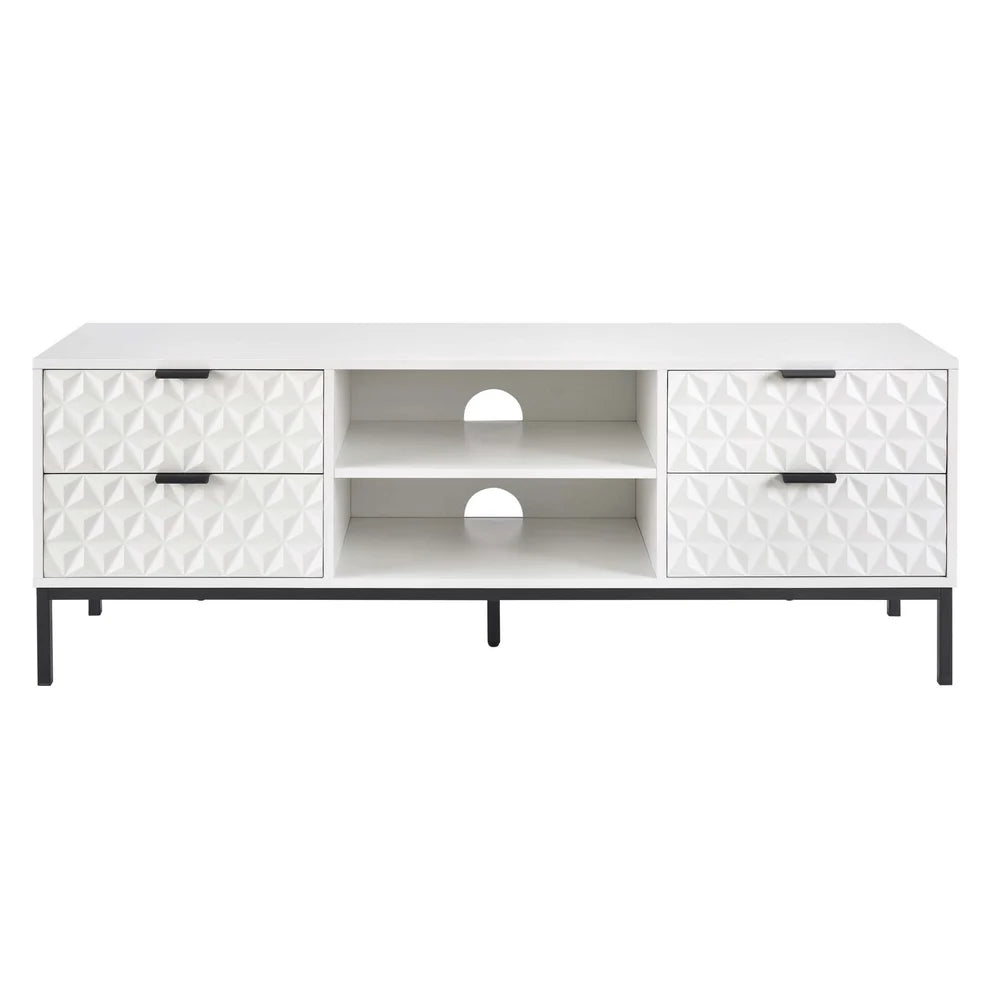White Wooden TV Unit with 4 Textured Doors & Open Shelves furnitell