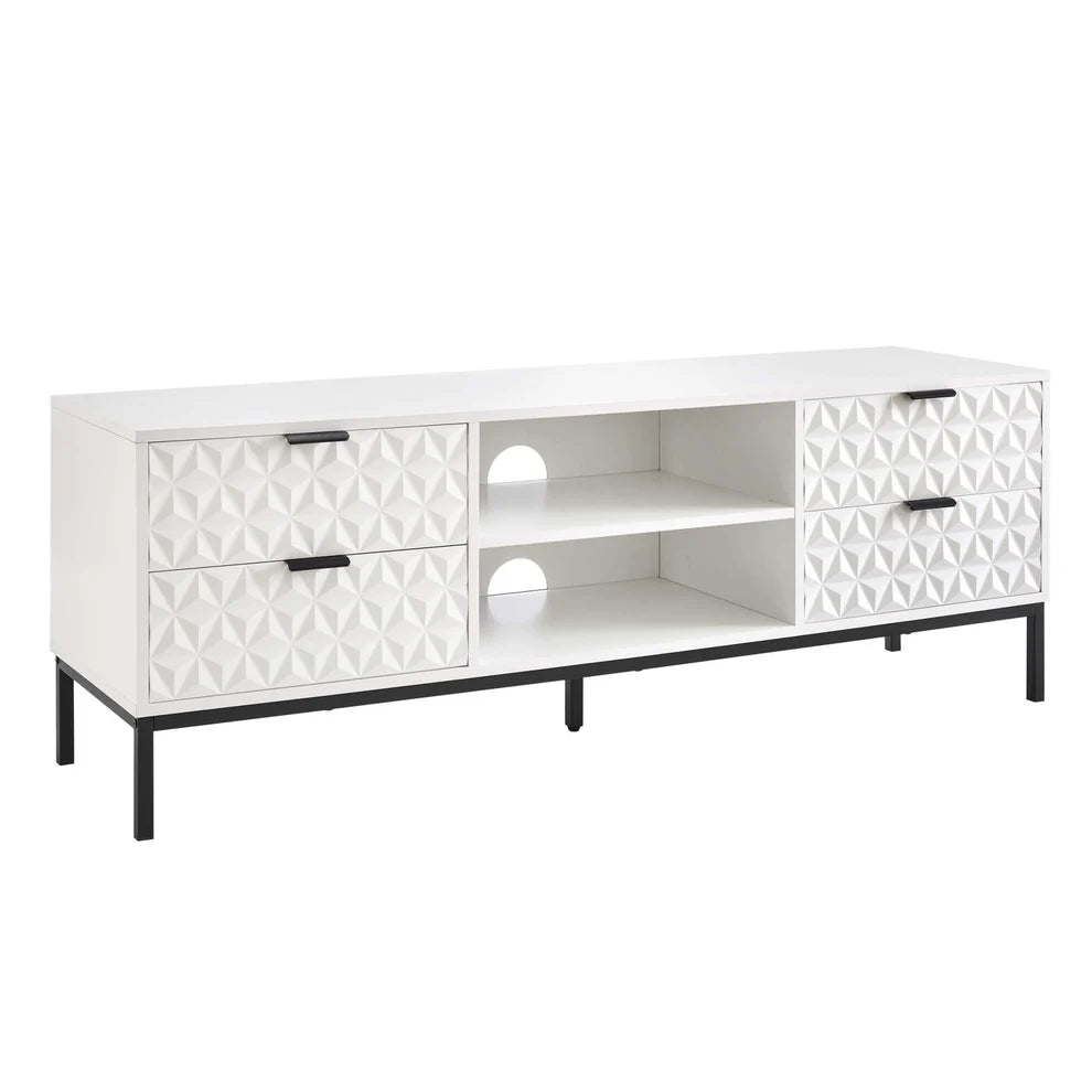 White Wooden TV Unit with 4 Textured Doors & Open Shelves furnitell