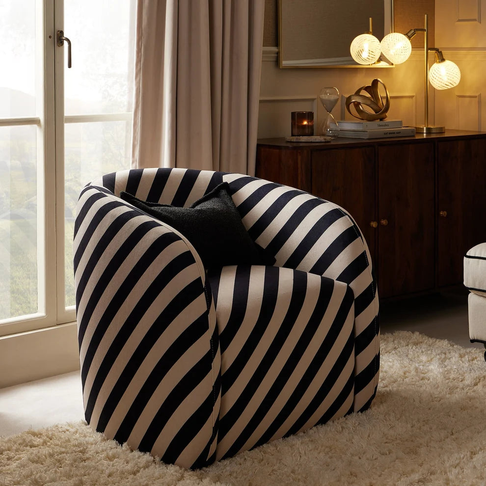 Black & White Striped Accent Chair with Curved Back & Padded Seat furnitell